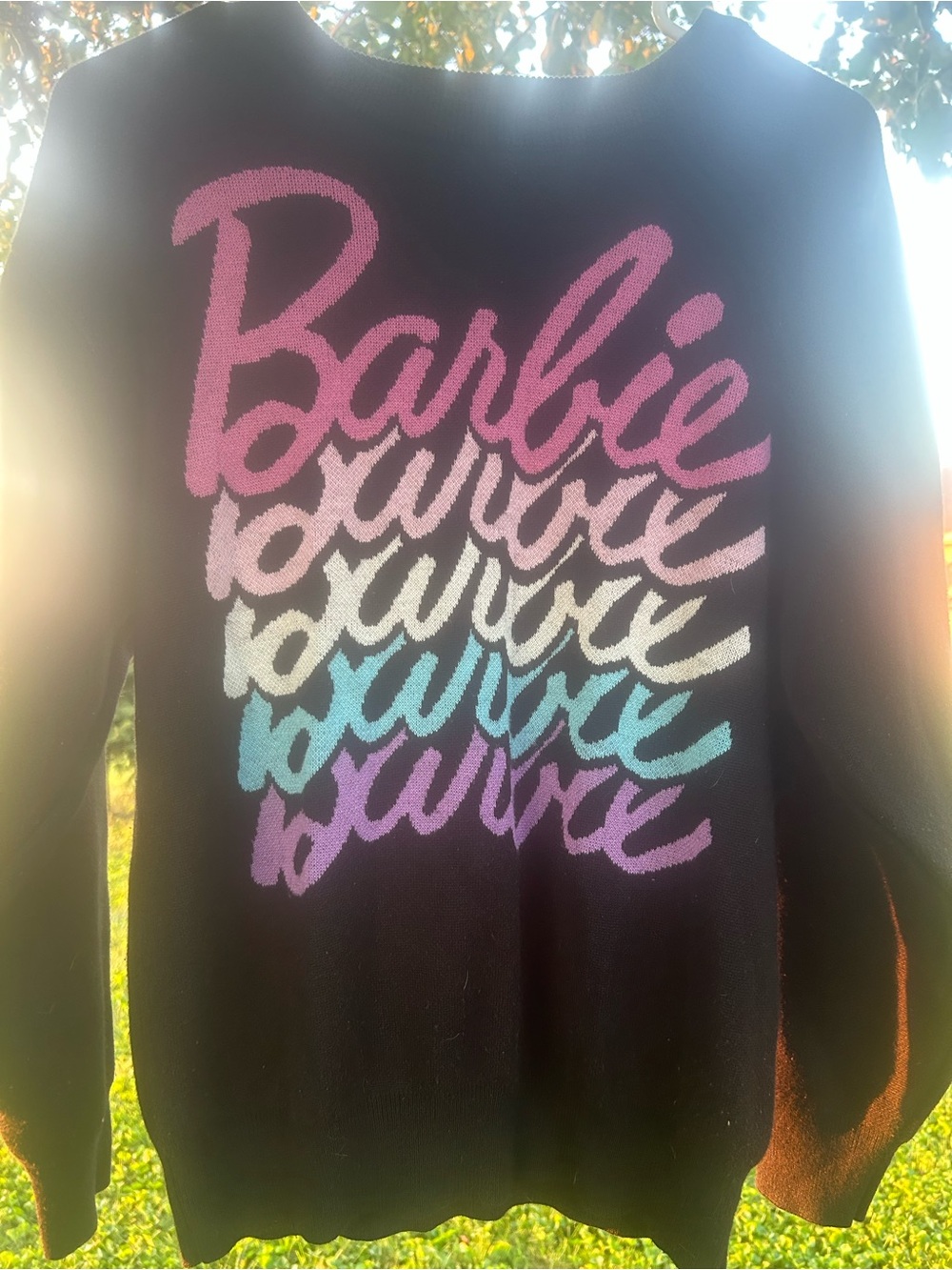 Barbie Black Crewneck Sweater with Pink, White, Teal and Lavender Script